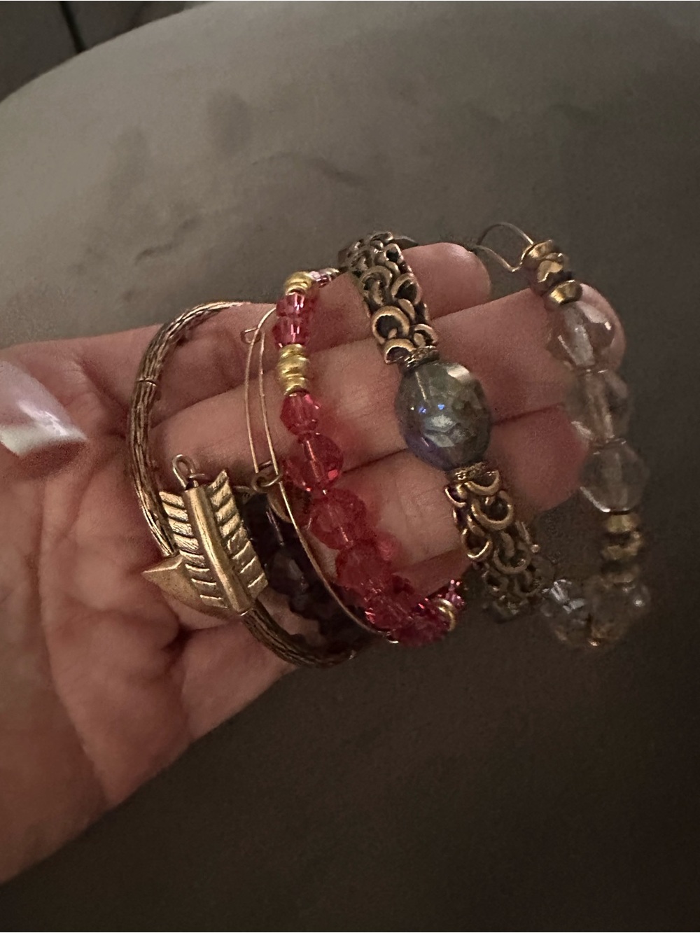 Alex and Ani gold toned Stackable Bracelets in Gold, Pink, Purple and Clear.